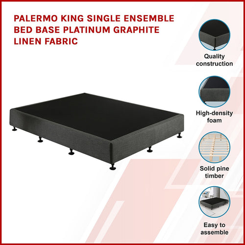 King Single Slatted Ensemble Bed Base - Platinum Graphite Linen Breathable Cover