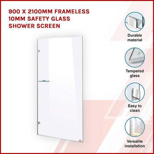 90 x 210cm Frameless 10mm Safety Glass Shower Screen CHROME