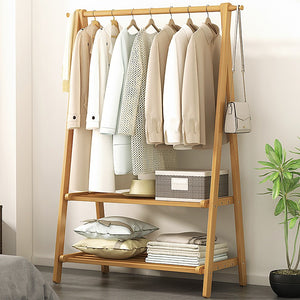 Portable Clothes Rack Coat Garment Stand Bamboo Rail Hanger Airer Closet - Wood