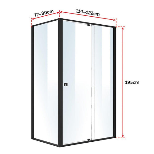Front: (114~122) x 195cm Adjustable Semi Frameless Shower Screen in Black Side: (77~80) x 195cm