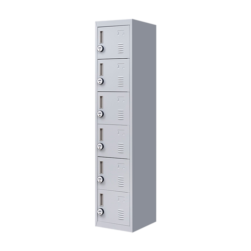 6-Door Grey Metal Locker Cabinet – Vertical Storage with 4-Digit Combination Lock for Office, School