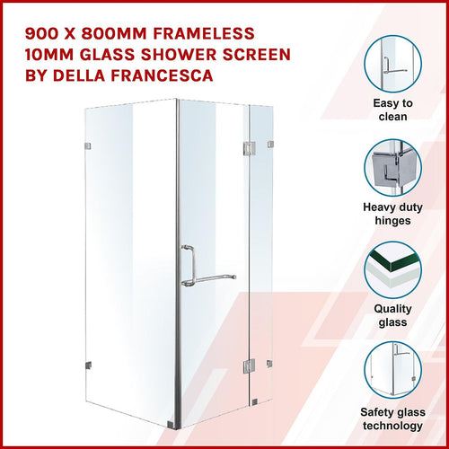 90 x 80cm Frameless 10mm Glass Shower Screen By Della Francesca CHROME Hardware, ROUND Handle