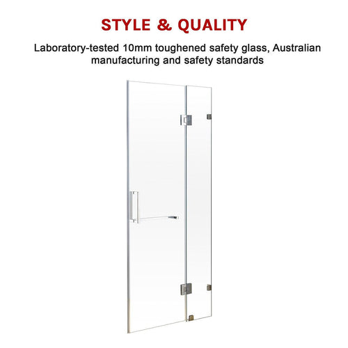 90 x 200cm Wall to Wall Frameless Shower Screen in CHROME Hardware, SQUARE Handle