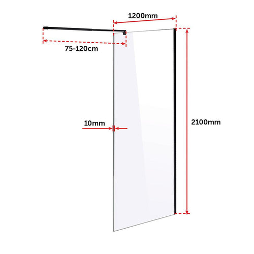 120 x 210cm Frameless 10mm Safety Glass Shower Screen in Round Black