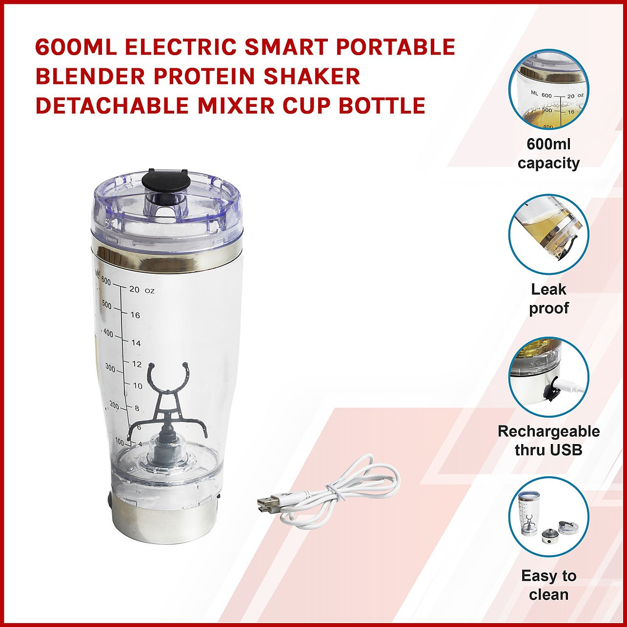 600ml Electric Smart Portable Blender Protein Shaker Detachable