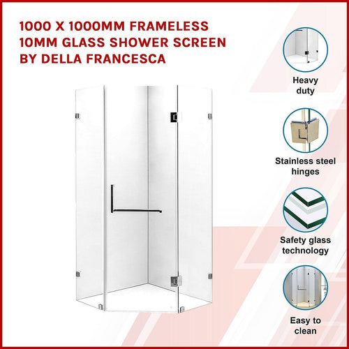 1000 x 1000mm Frameless 10mm Glass Shower Screen By Della Francesca Chrome Hardware, Square Handle