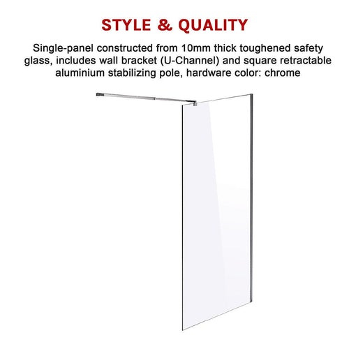 110 x 210cm Frameless 10mm Safety Glass Shower Screen in Square CHROME
