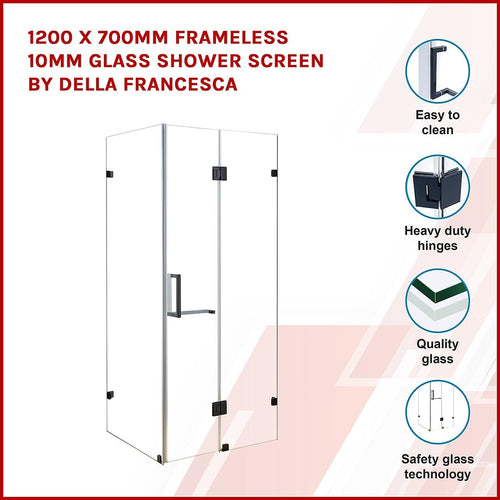 120 x 70cm Frameless 10mm Glass Shower Screen By Della Francesca BLACK Hardware, SQUARE Handle