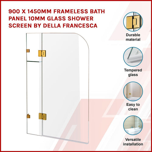 Frameless Glass Bath Screen 90 x 145cm Gold Finish