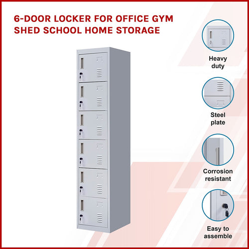6-Door Grey Metal Locker Cabinet – Vertical Storage with Standard Lock with 2 Keys for Office, School