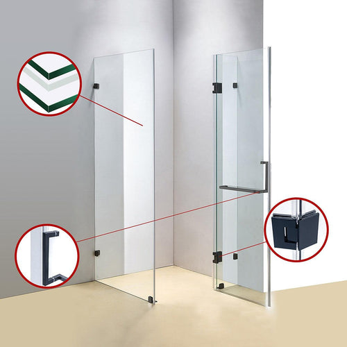 100 x 100cm Frameless 10mm Glass Shower Screen By Della Francesca BLACK Hardware, ROUND Handle