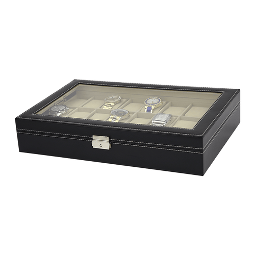 Watch Box - 24 Slot Luxury Display Case With Framed Glass Lid