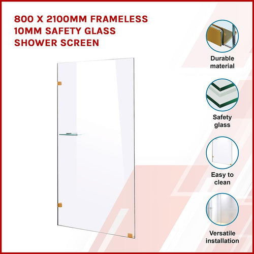 80 x 200cm Frameless 10mm Safety Glass Shower Screen Gold Finish