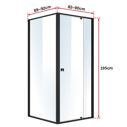 Front: (82~90) x 195cm Adjustable Semi Frameless Shower Screen in Black Side: (89~92) x 195cm
