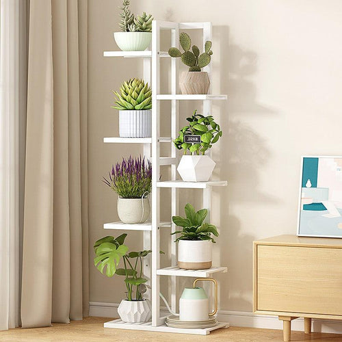 6 Tiers Vertical Bamboo Plant Stand Staged Flower Shelf Rack Outdoor Garden - White