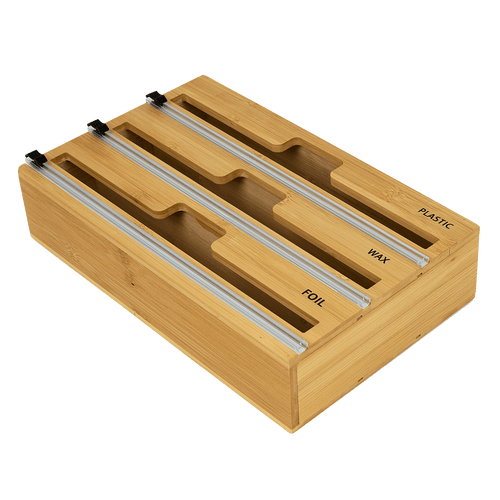 3 Grids Bamboo Food Wrap Dispenser Cutter Foil Cling Film Storage Holder Box Kitchen