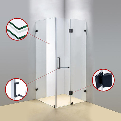 90 x 90cm Frameless 10mm Glass Shower Screen By Della Francesca BLACK Hardware, SQUARE Handle