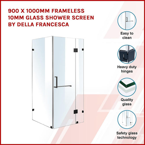 90 x 100cm Frameless 10mm Glass Shower Screen By Della Francesca BLACK Hardware, SQUARE Handle