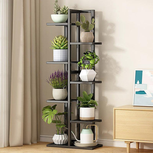 6 Tiers Vertical Bamboo Plant Stand Staged Flower Shelf Rack Outdoor Garden - Black