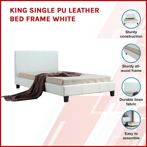 King Single Bed Frame White PU Leather